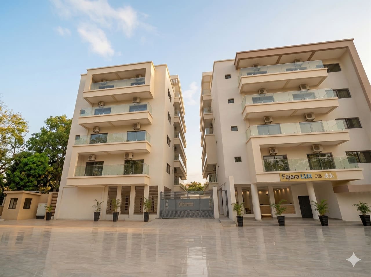 The two mirrored blocks of Fajara Lux Twin Homes facing each other across a tiled forecourt at dusk