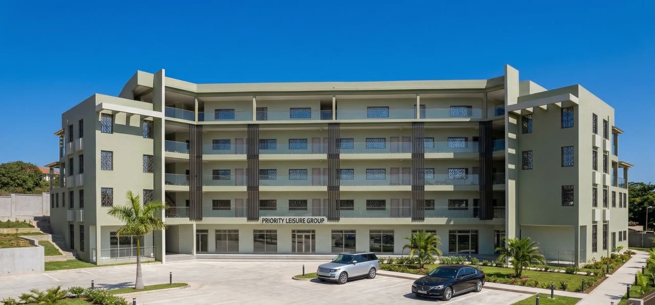 Principal elevation of the Priority Leisure Group building showing banded balconies with dark metal screens and projecting end wings