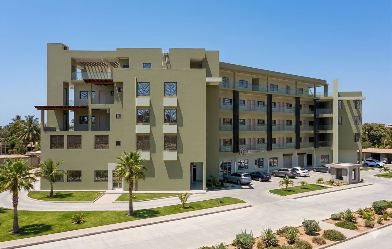 The completed five-storey Priority Leisure Group apartment building in Bijilo, with landscaped grounds and surfaced parking